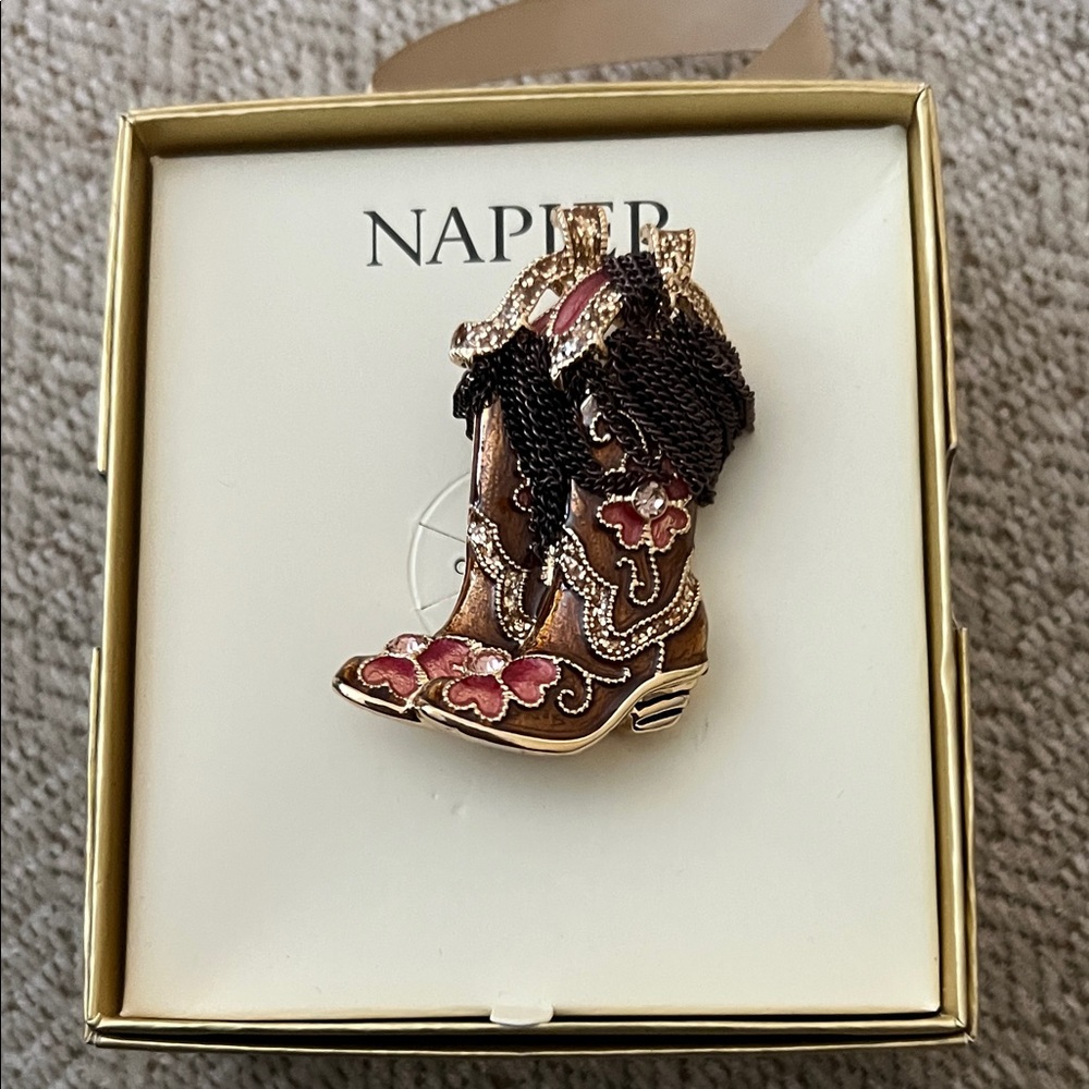 Napier Brown and Pink Cowboy Boot Brooch with Fringe